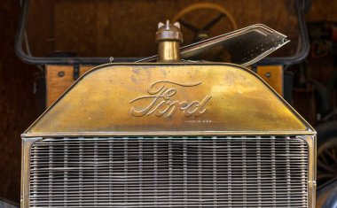 Winthrop, WA - 28 August 2025: Radiator and front of historic Ford Model T car or truck built between 1908 to 1927