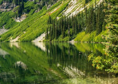 Scree slopes from mountains to the clear water of Rainy Lake in North Cascades National Park in WA