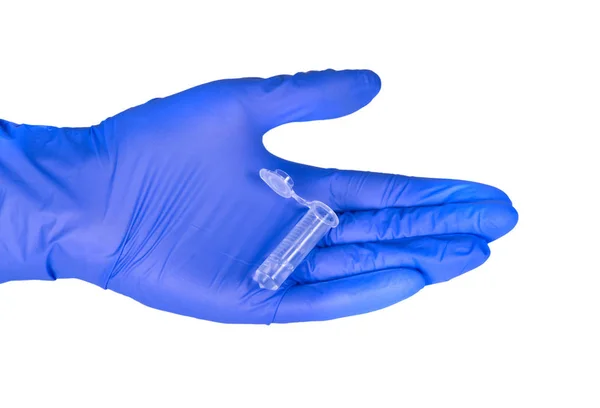Test tube in hand in gloves isolated on white — Stock Photo, Image