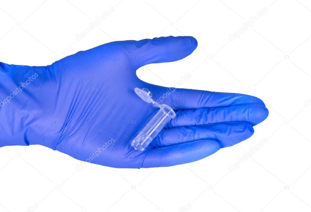 Test tube in hand in gloves isolated on white
