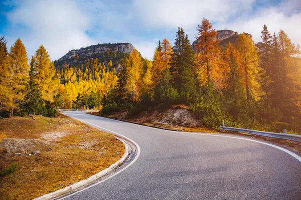 Alp yolunun çarpıcı görüntüsü. Dramatik sabah sahnesi, kasvetli hava. Şu meşhur yer: Ulusal Park Tre Cime di Lavaredo, Misurina, Dolomiti Alpleri, Güney Tyrol, İtalya, Avrupa. Güzellik dünyası