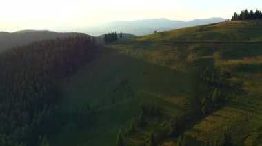 Akşam ışığında kuşun gözünden yeşil bir dağın muhteşem görüntüleri. UHD 4k video ile çekildi.