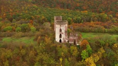 Chervonograd Kalesi 'nin (Castrum rubrum) harabeleri kuş bakışı görülür. Nurkiv köyü, Ukrayna, Avrupa. Sinematik drone çekimi. UHD 4k video 'da çekildi. Toprağın güzelliğini keşfedin.