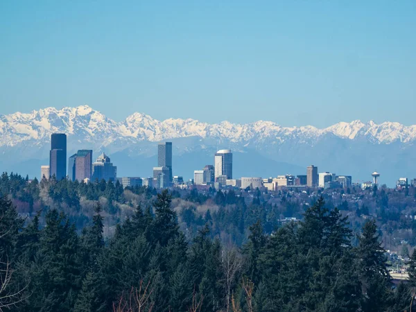 晴れた冬の朝のシアトルのスカイラインビュー ストック画像