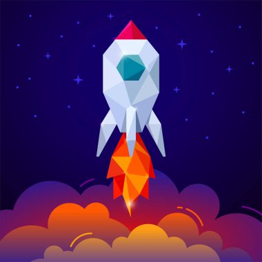 Mavi yıldızlar arka plan üzerinde uzay roketi ile banner. Kavram başlatın. Üçgen tarzı