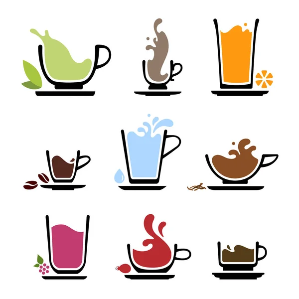 Set Von Spritzer Silhouette Tasse Tee Kaffee Wasser Milch Oder — Stockvektor