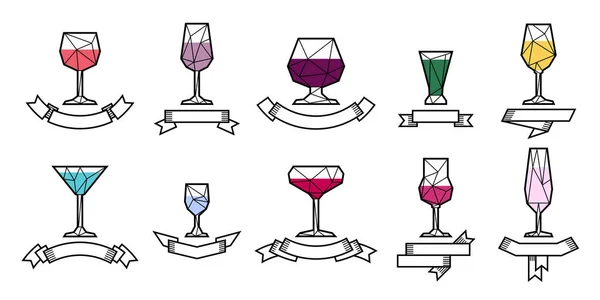 ワイン シャンパン カクテル マティーニ ウォッカ リボン フレームとマルガリータのメガネを多角形のアイコンを設定します アウトライン スタイル アルコール飲料 — ストックベクタ