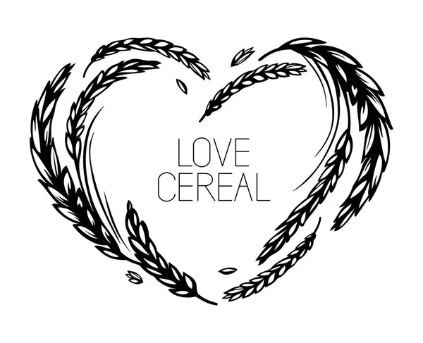 Wheat Heart Frame Wreath White Background Love Cereal Black White — Stock Vector