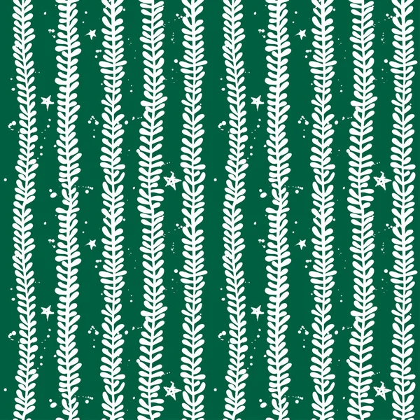 Foglie Natale Verdi Bianche Rami Stelle Gocce Modello Senza Soluzione — Vettoriale Stock