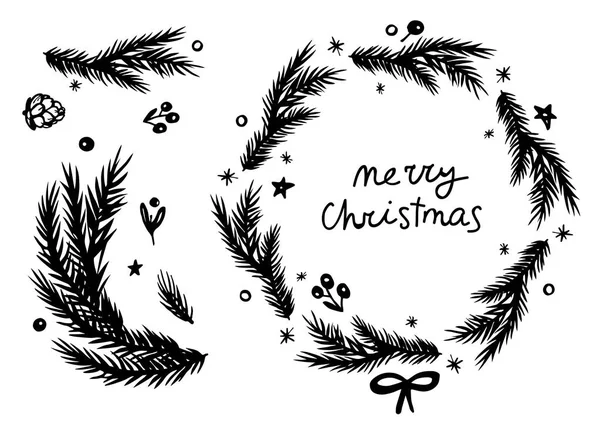Neşeli Noel Köknar Çelenk Şube Koni Ayarlayın Siyah Beyaz Tasarımı — Stok Vektör