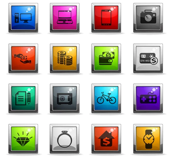 Pawn Shop Vector Icons Square Colored Buttons Web User Interface — Stock Vector