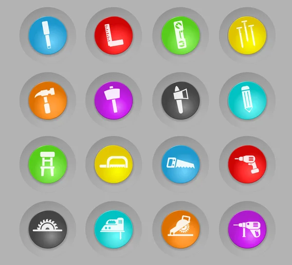 Stolarka, kolorowe plastikowe okrągłe przyciski ikony zestaw — Wektor stockowy