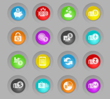 Cryptocurrency ve madencilik plastik renkli düğmeler Icon set yuvarlak