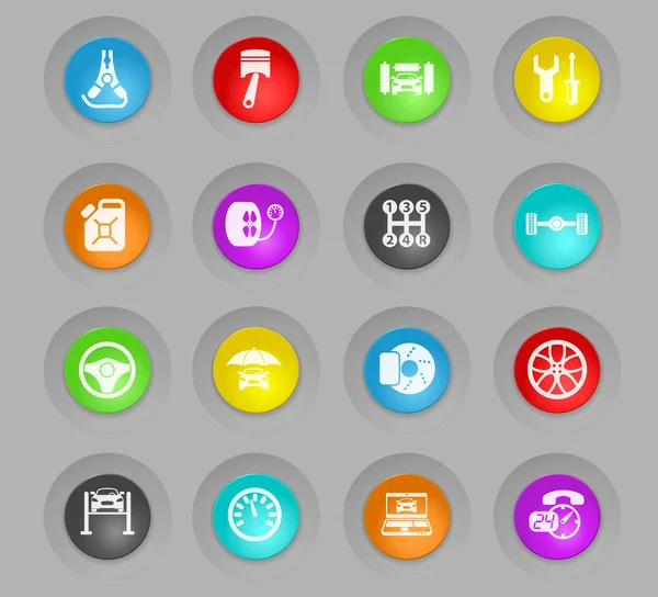 Serwis samochodowy kolorowe plastikowe okrągłe przyciski ikony zestaw — Wektor stockowy