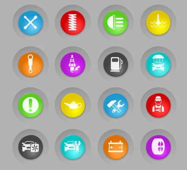 Serwis samochodowy kolorowe plastikowe okrągłe przyciski ikony zestaw — Wektor stockowy
