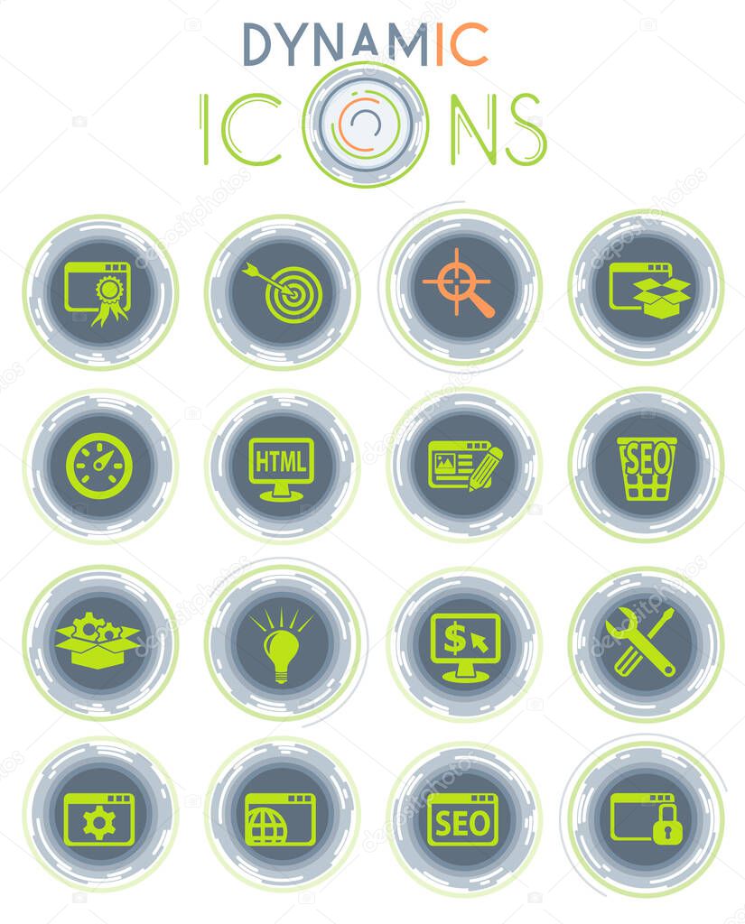 seo and development vector icons on white background with dynamic lines for animation for web and user interface design
