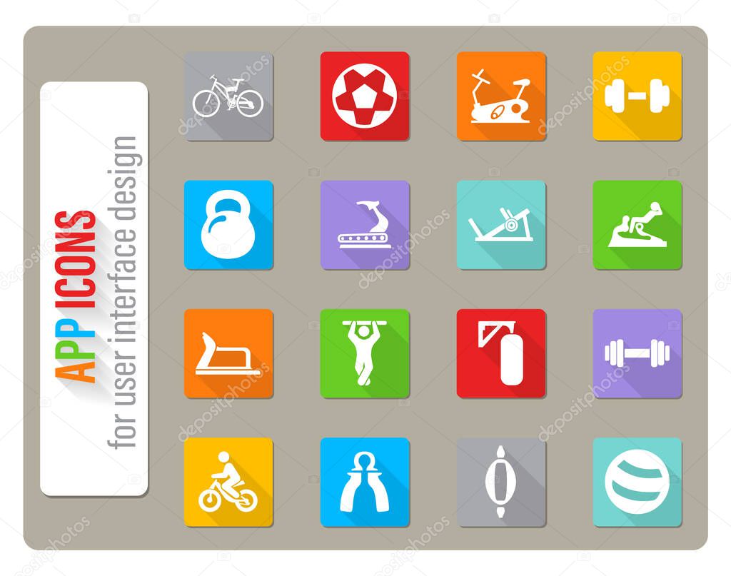 sport equipment icons set in flat design with long shadow