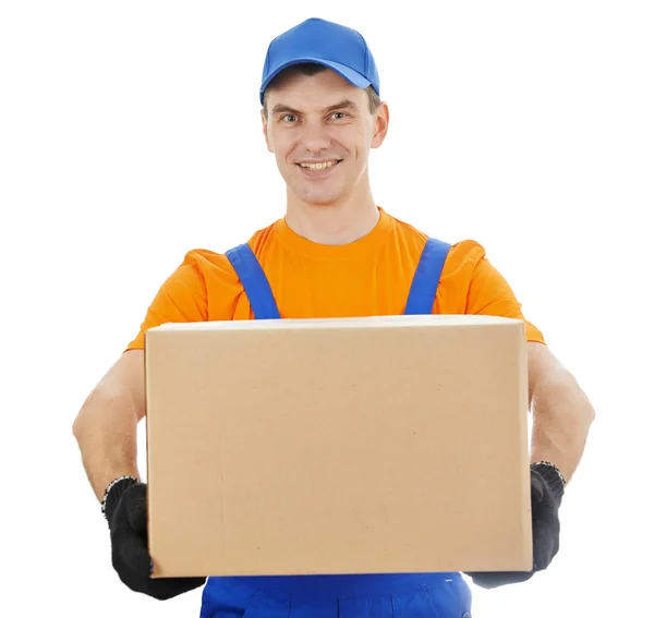 Delivery man with box and cardboard — Stock Photo, Image