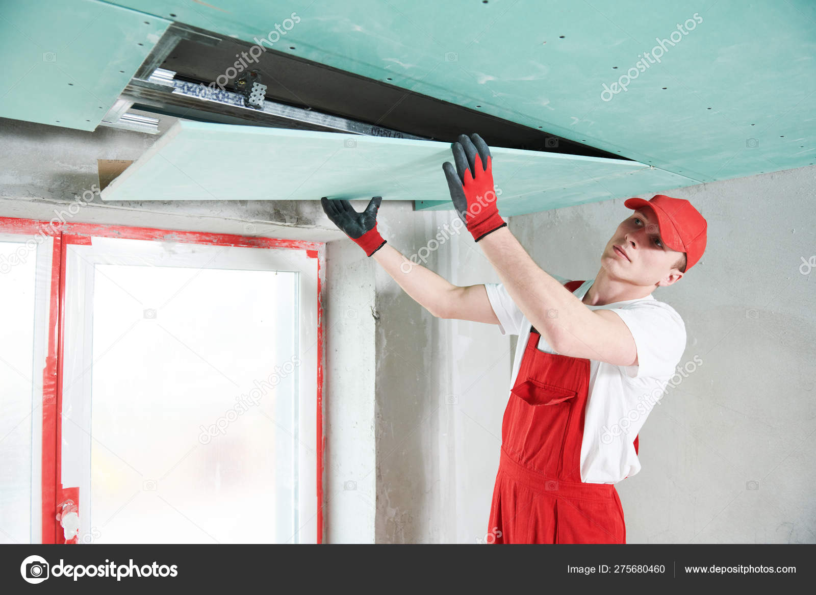 Gypsum Plasterboard Construction Work At Suspended Ceiling