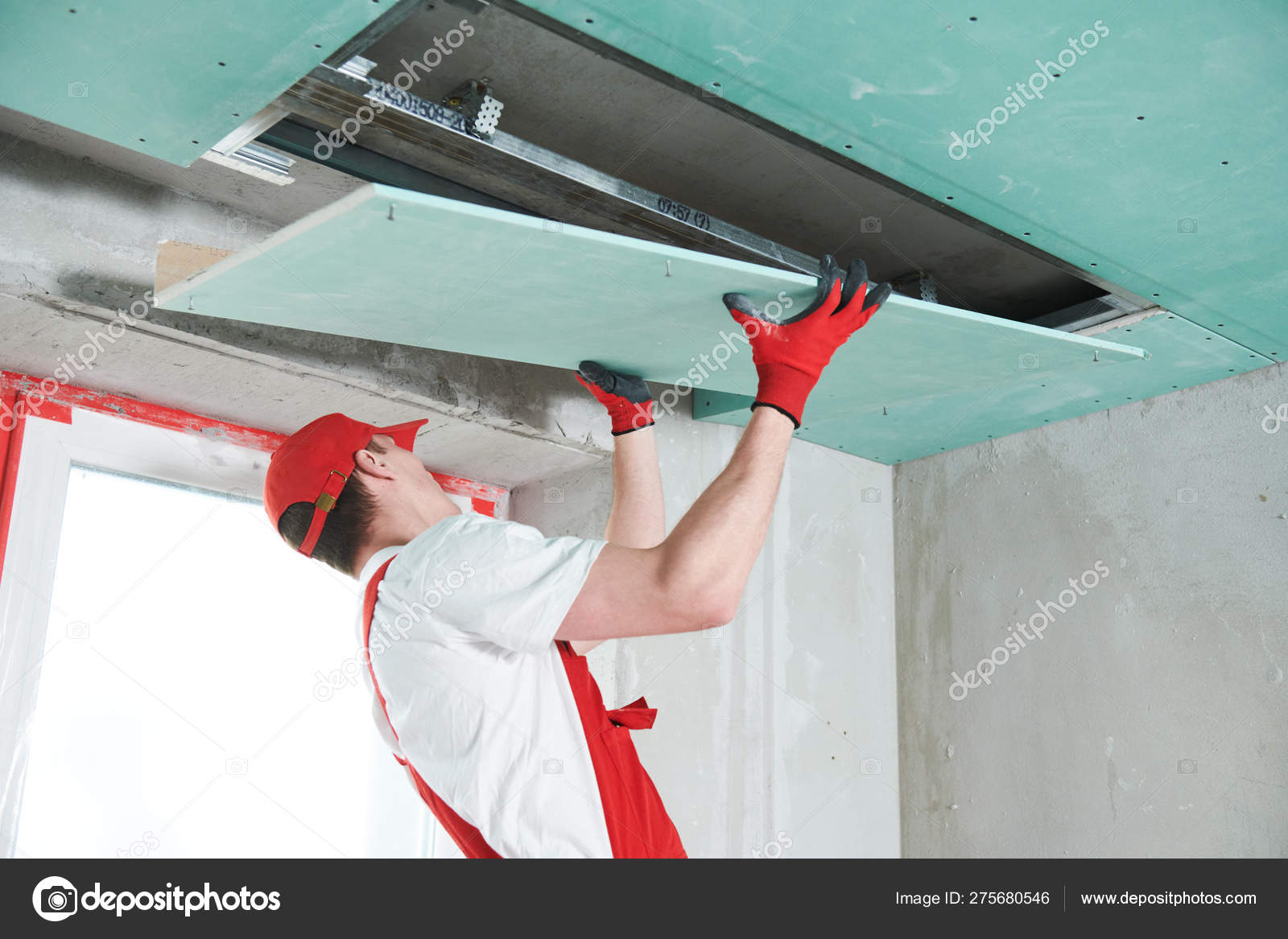 Gypsum Plasterboard Construction Work At Suspended Ceiling