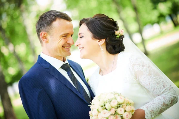 Hochzeit. Bräutigam oder Verlobter Porträt mit Braut im Park — Stockfoto