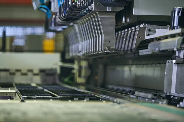 Panel bending machine at work. process of metal sheet forming — Stock Photo, Image