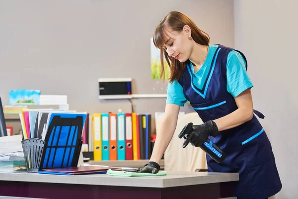 Cleaning service. wiping office with cloth and liquid — Stock Photo, Image