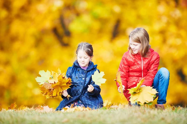 Barn leker med löv i höstparken — Stockfoto