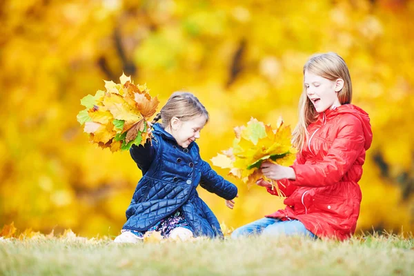 Παιδιά που παίζουν με φύλλα στο πάρκο φθινόπωρο — Φωτογραφία Αρχείου