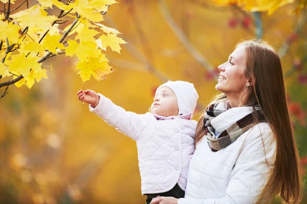 Anne sonbahar parkında küçük çocukla oynuyor. — Stok fotoğraf