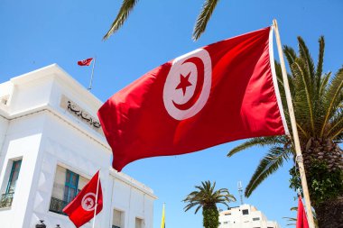 Mavi gökyüzüne karşı hilal ve yıldız amblemli Tunus ulusal kırmızı bayrağı, kentsel arka plan. Tunus, Afrika