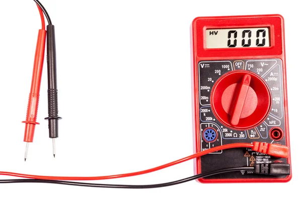 Probador Multímetro Rojo Con Pantalla Lcd Para Medir Datos Eléctricos —  Fotos de Stock