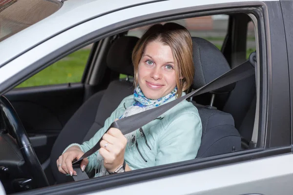 Young Caucasian Woman Pulling Safety Belt Fastening Sitting Driver Seat — Stock Photo, Image