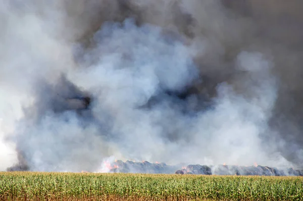 Пожар Большим Облаком Дыма Сельской Ферме — стоковое фото