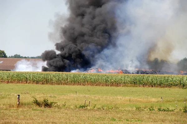 Bir kırsal çiftlik büyük bir duman bulutu ateşle