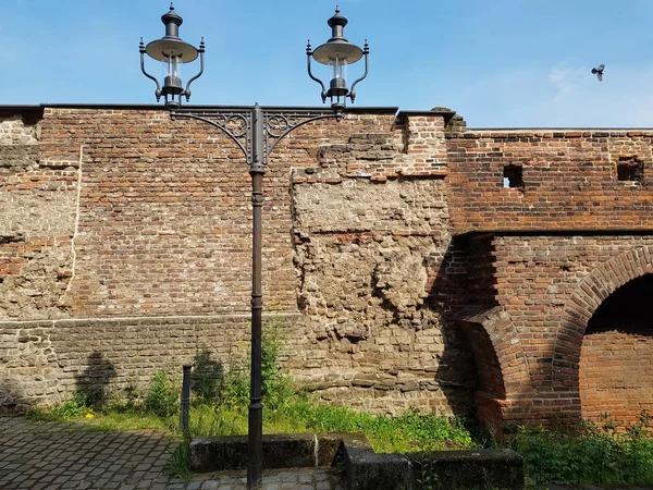 stock image DUISBURG, GERMANY - 18 May 2019 Town wall at inner harbour, monument fragments