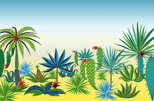 Landscape with different tropical plants and trees. Vector illustration. — Stock Vector