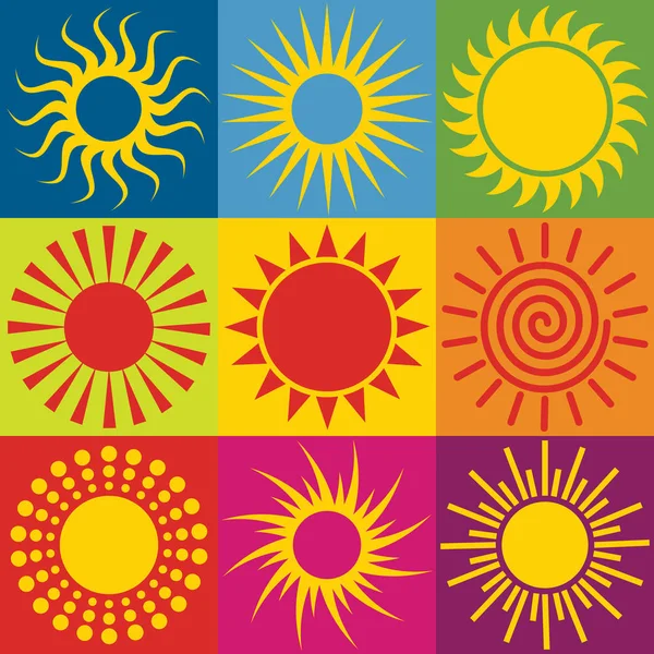 Farklı güneş simgelerinden oluşan bir set. Vektör illüstrasyonu. — Stok Vektör