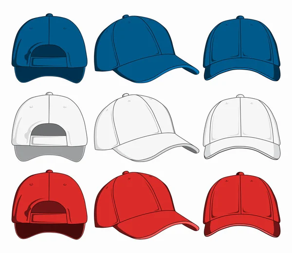 Set de gorras de béisbol, vista frontal, trasera y lateral. Ilustración vectorial — Archivo Imágenes Vectoriales