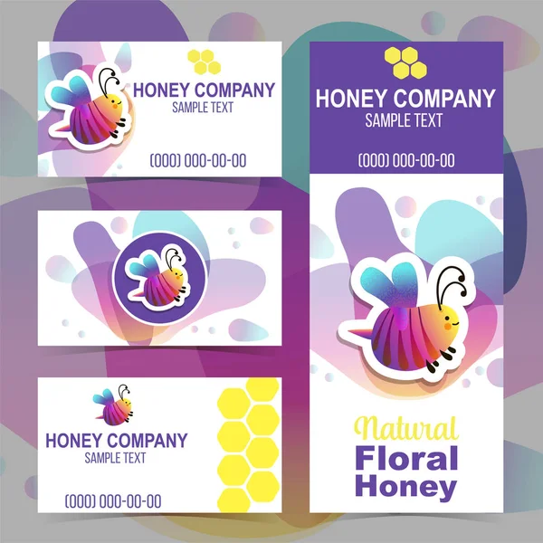 Identidad corporativa con abejas de dibujos animados. Tarjetas de visita para una empresa productora de miel de abeja — Vector de stock