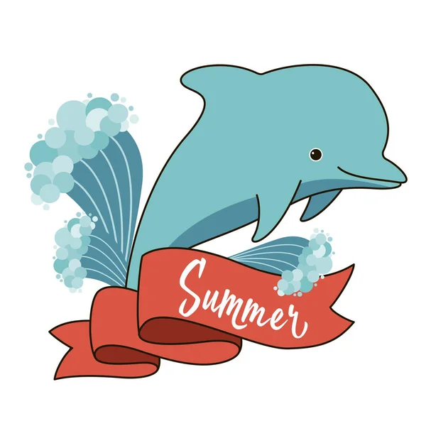 Golfinho de desenho animado bonito com salpicos de água e banner com texto de verão — Vetor de Stock