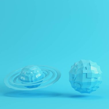İki parlak mavi arka plan pastel renkler gezegenlerde düşük poli mavi. Minimalizm kavramı. 3D render