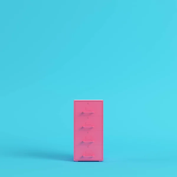 Pink filing cabinet on bright blue background in pastel colors. Minimalism concept. 3d render