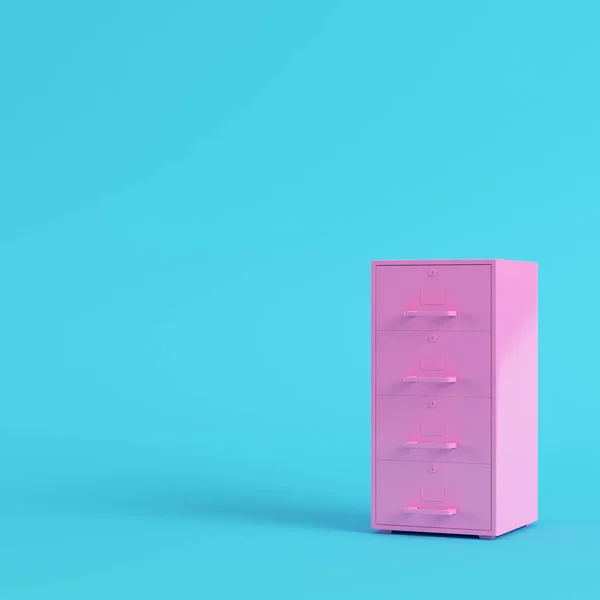 Pink filing cabinet on bright blue background in pastel colors. Minimalism concept. 3d render