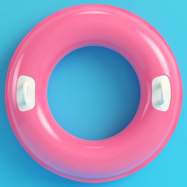 Parlak mavi arka plan pastel renkler pembe şişme yüzüğü. Minimalizm kavramı. 3D render