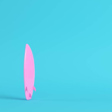 Pembe pastel renklerde parlak mavi arka plan üzerinde sörf tahtası. Minimalizm kavramı. 3D render