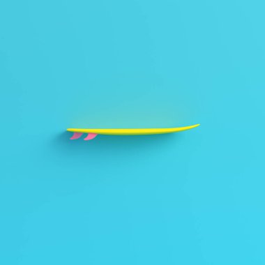 Pastel renklerde parlak mavi zemin üzerine sarı sörf tahtası. Minimalizm kavramı. 3D render
