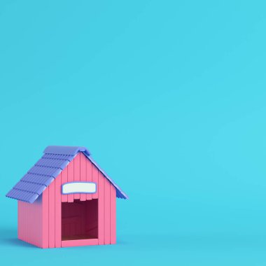 Parlak mavi arka plan pastel renkler üzerinde pembe köpek kulübesi. Minimalizm kavramı. 3D render