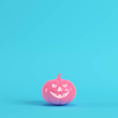 Cadılar Bayramı Balkabağı, jack o fener pastel renklerde parlak mavi zemin üzerine pembe. Minimalizm kavramı. 3D render