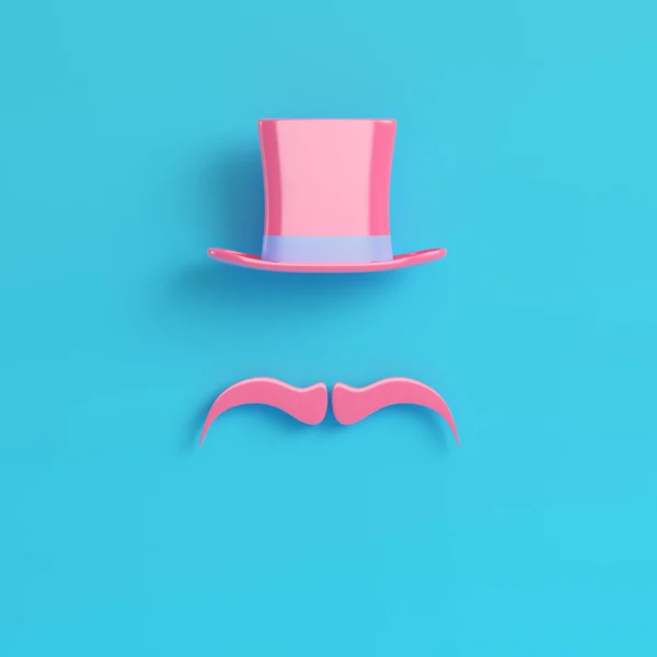パステル カラーの明るい青色の背景で偽の口ひげを持つピンクの円柱帽子 ミニマリズムのコンセプト のレンダリング — ストック写真